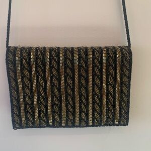 Talbots black fabric gold and black beaded dress crossbody purse